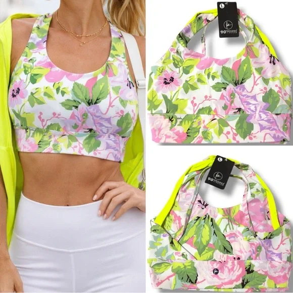90 Degree | NWT $44 White Pink Green Floral Neon Sports Bra (size L) - Picture 1 of 6